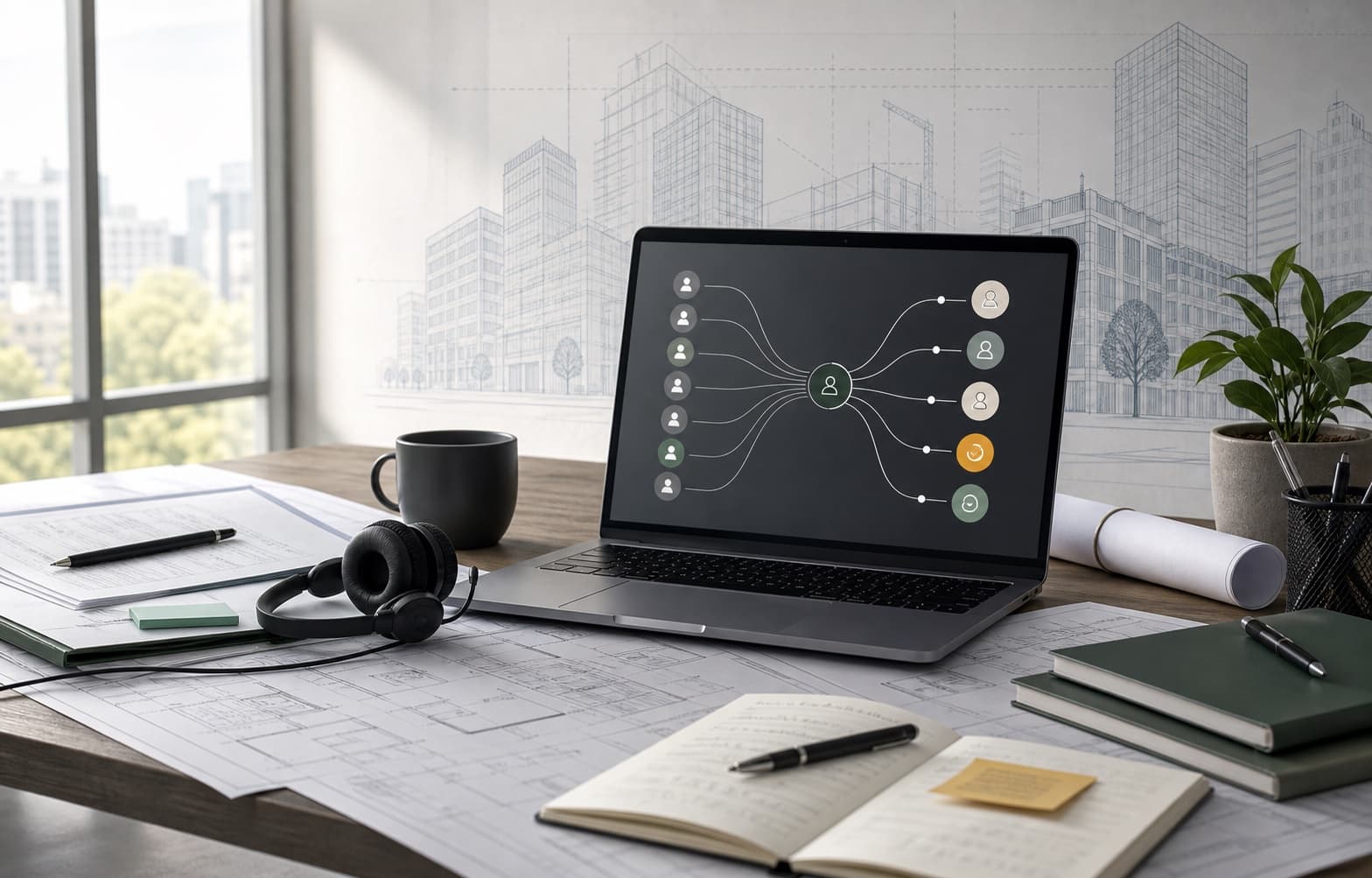 A professional contractor outreach desk with project plans, headset, laptop routing display, and commercial building blueprint backdrop